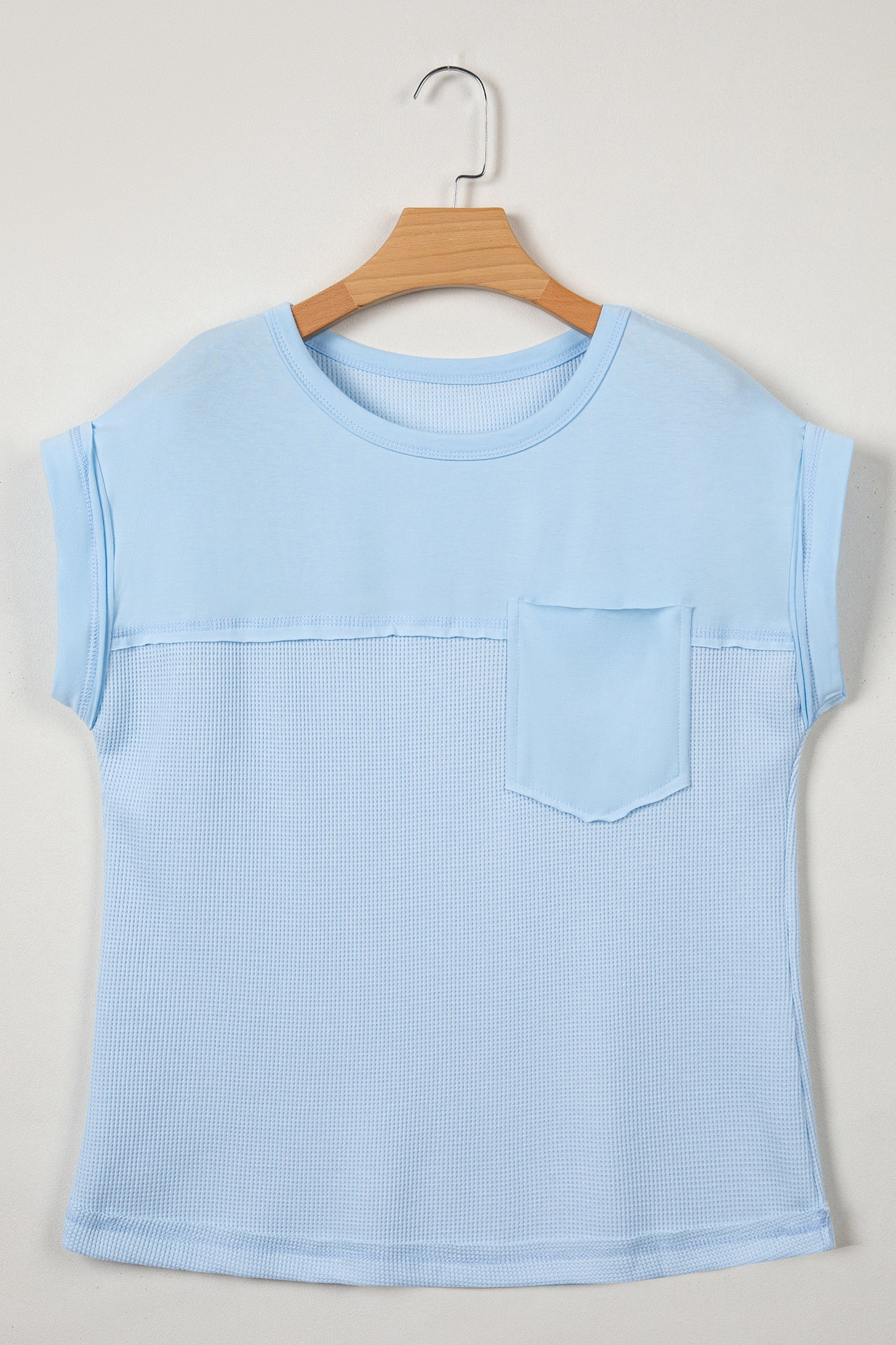 Pink Solid Color Raw Seam Waffled Patchwork Casual T Shirt