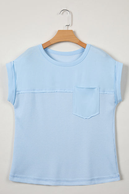 Pink Solid Color Raw Seam Waffled Patchwork Casual T Shirt
