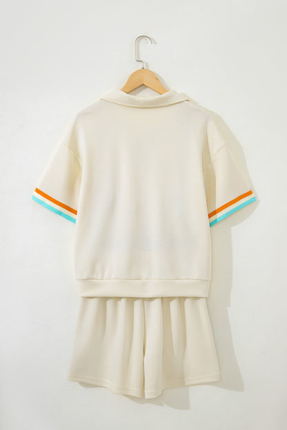 Apricot Colorful Striped Detail Half Zip Polo Tee Loose Shorts Set
