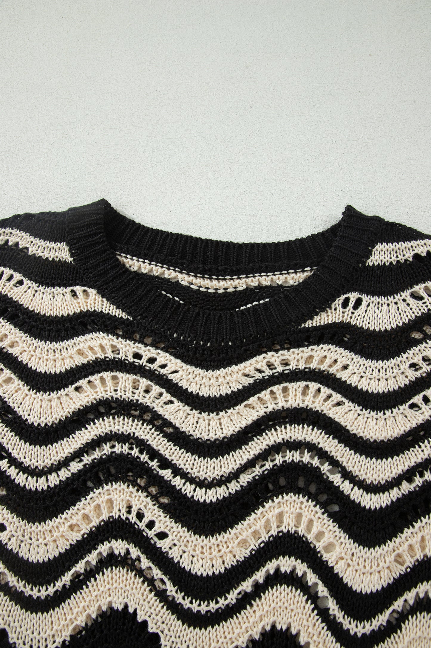 Beige Stripe Wavy Crochet Eyelet Detail Ruffle Half Sleeve Sweater