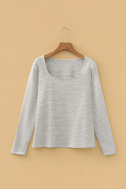 Brown Stripe Square Neck Long Sleeve Top