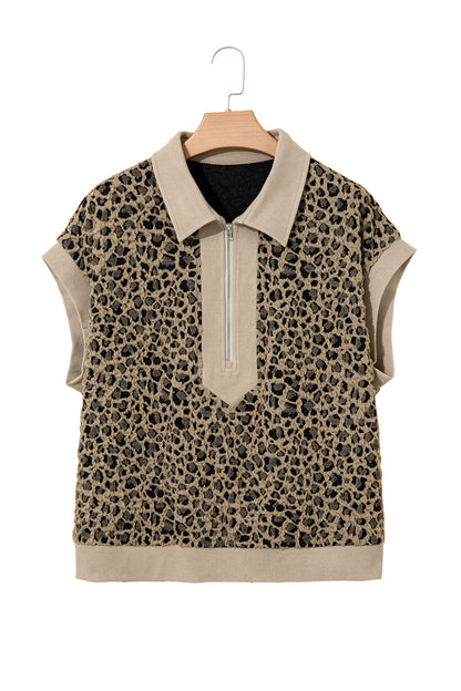 Beige Ribbed Patchwork Collar Cuffed Sleeve Leopard Plus Top