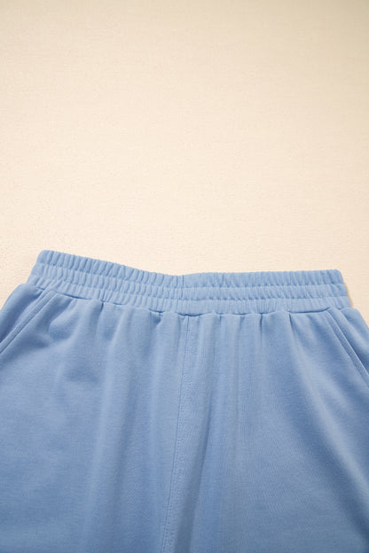 Sky Blue Solid Color Contrast Textured Patchwork Raw Edge 2pcs Short Set