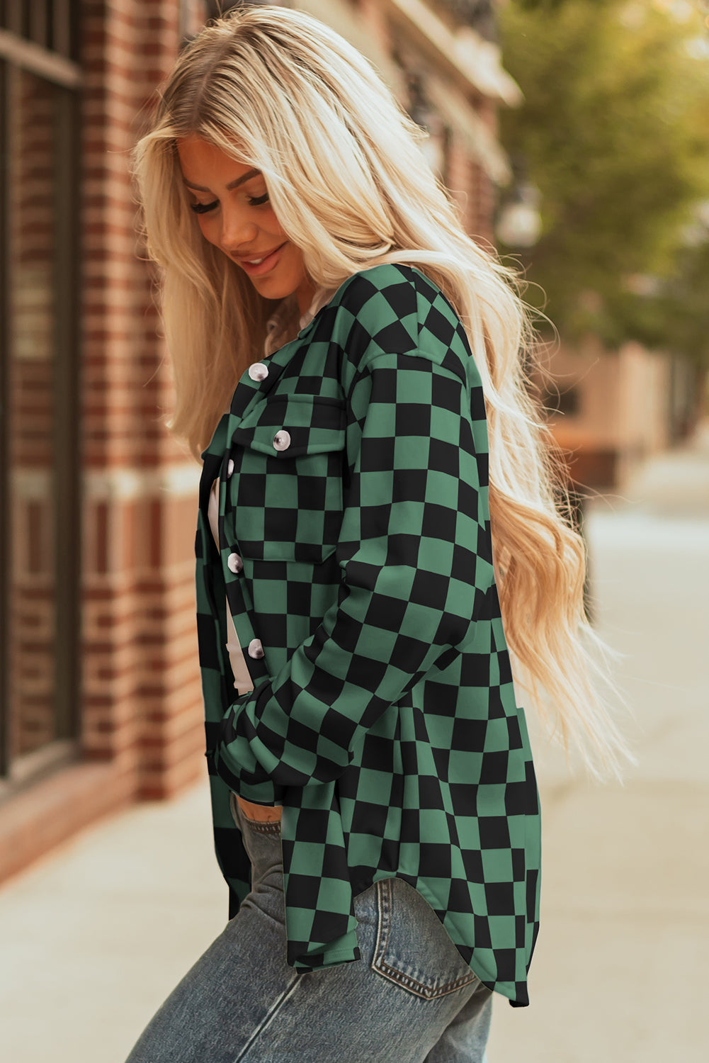 Black Checkerboard Flap Pocket Button Front Shacket