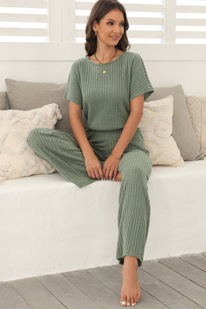 Black Ribbed Keyhole Short Sleeve Wide Leg Jumpsuit