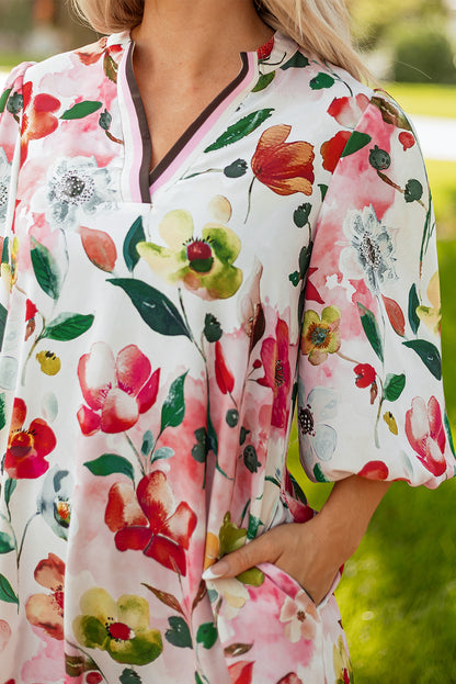 Red Floral Contrast Striped V Neck Puff Half Sleeve Shift Dress