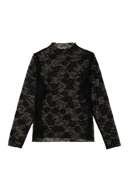 Black Plus Size Floral Mesh Long Sleeve Top