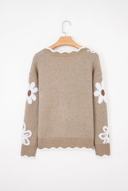 Seagrass Plush Flower Pattern Scalloped Trim V Neck Sweater