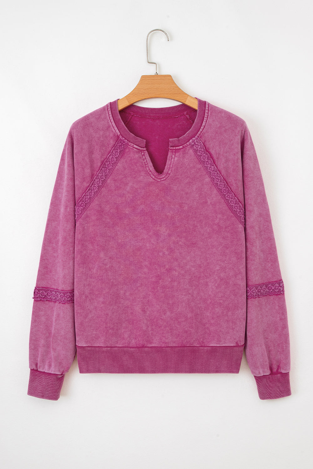 Red Dahlia Lace Patchwork Detail Notched Neck Mineral Wash Baggy Sweatshirt