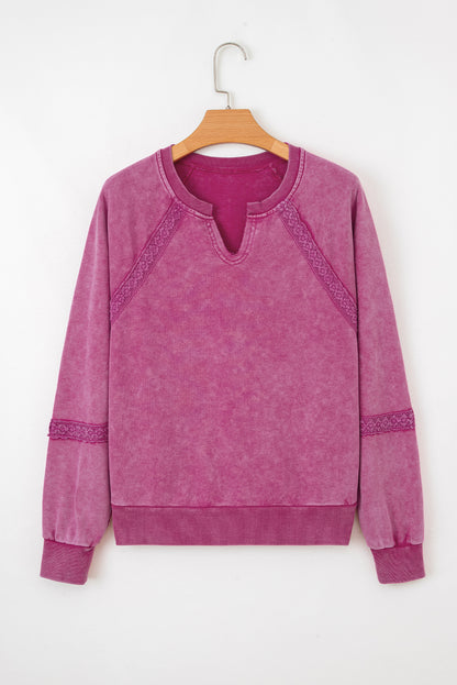 Red Dahlia Lace Patchwork Detail Notched Neck Mineral Wash Baggy Sweatshirt
