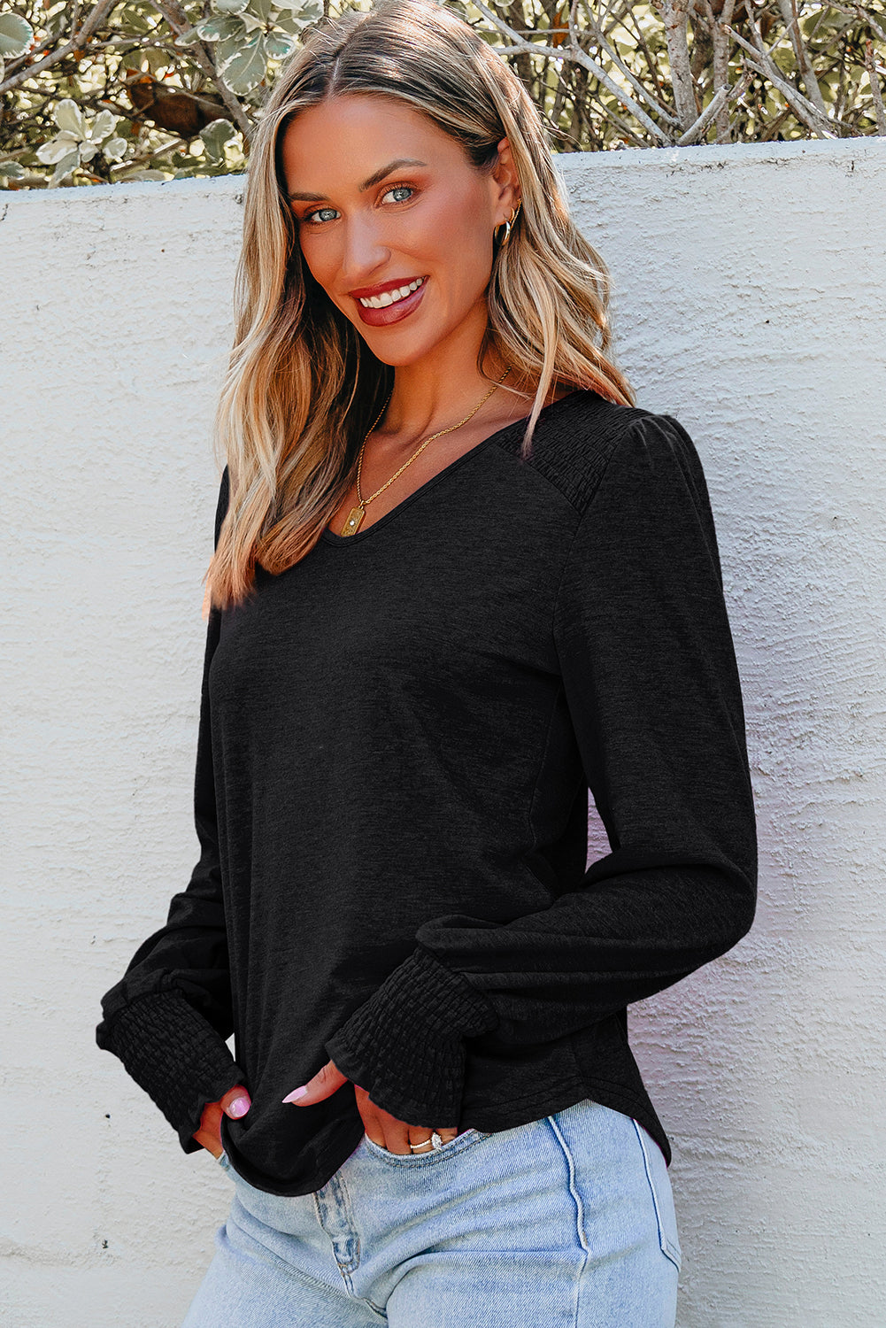 Sky Blue Shirred Shoulder Frilled Cuffs Long Sleeve Top