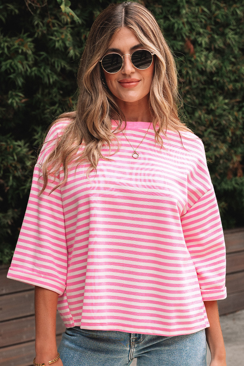 Red Stripe Bowknot Cutout Back Drop Shoulder Wide Bracelet Sleeve Loose Tee