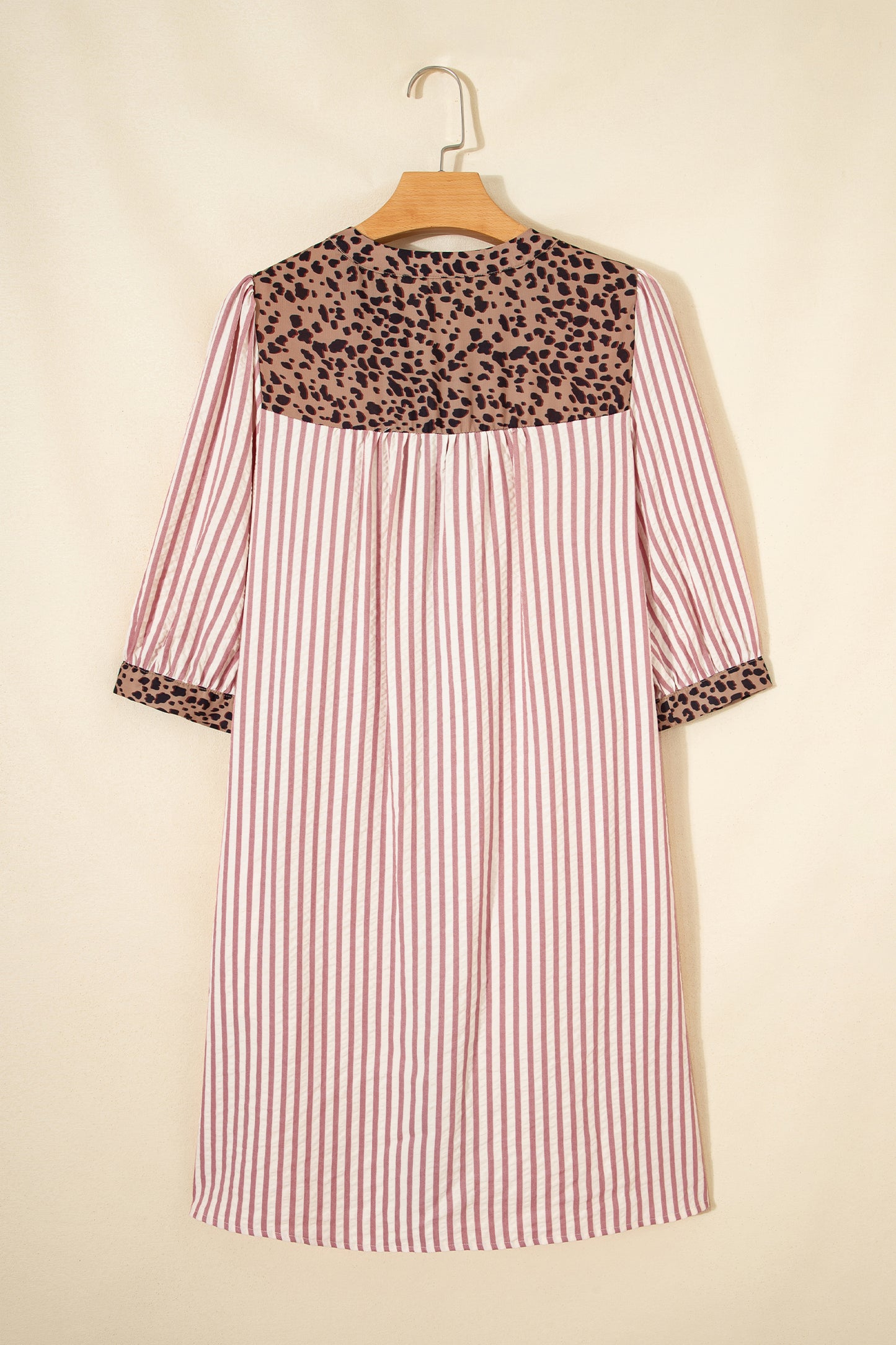Pink Stripe Square Button Leopard Trim Loose Bracelet Sleeve Shirt Dress
