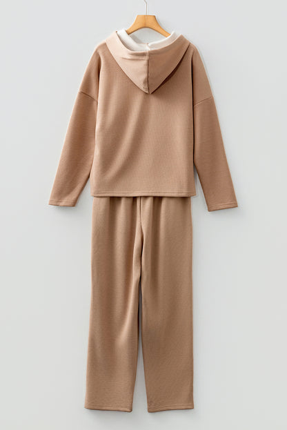 Rose Tan Lace Drawstring Pullover Hoodie and High Waist Pants Corduroy Suit