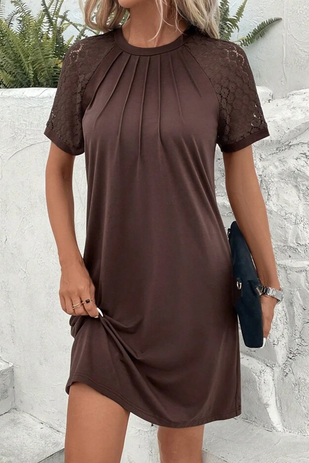 Black Contrast Lace Raglan Sleeve Pleated Detail Shift Dress