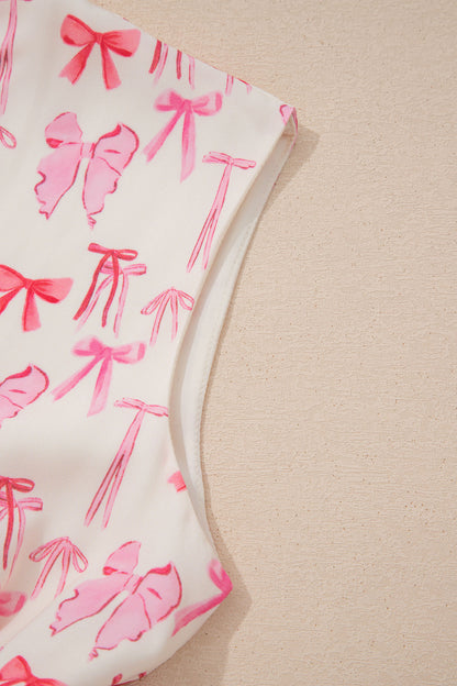 Pink Full Zip Cinched Waist Sleeveless Bow Mini Dress