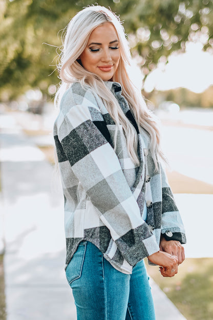 Pink Plaid Color Block Buttoned Long Sleeve Jacket with Pocket