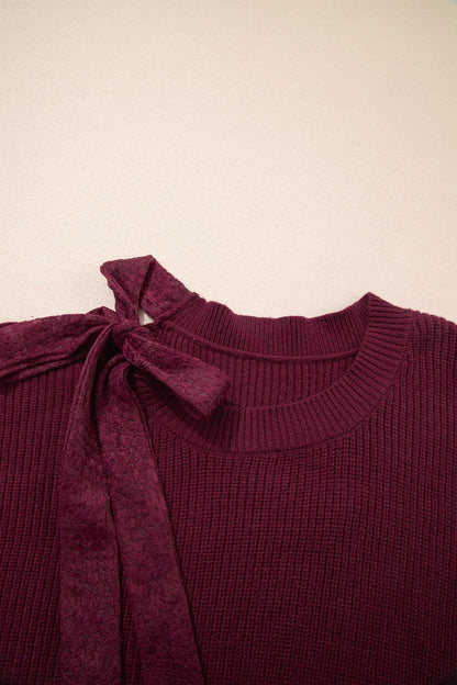 Burgundy Lace Bowknot Asymmetric Neck Sweater