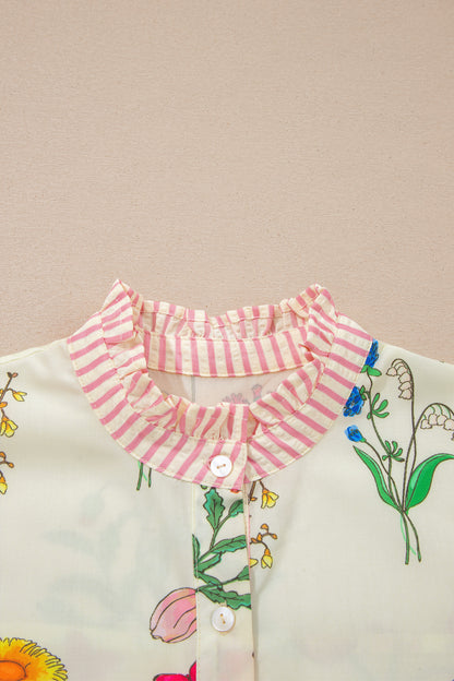 Sky Blue Floral Striped Patchwork Ruffled Collar Short Sleeve Shirt