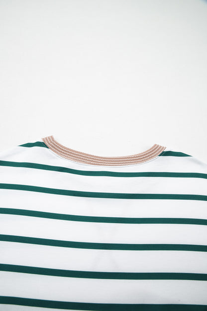 White Stripe Twisted Ribbed Patchwork Drop Shoulder Round Neck Sweatshirt