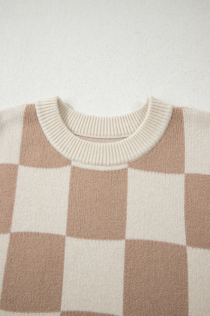 Grapefruit Orange Checkered Pattern Ribbed Trim Knit Baggy Sweater