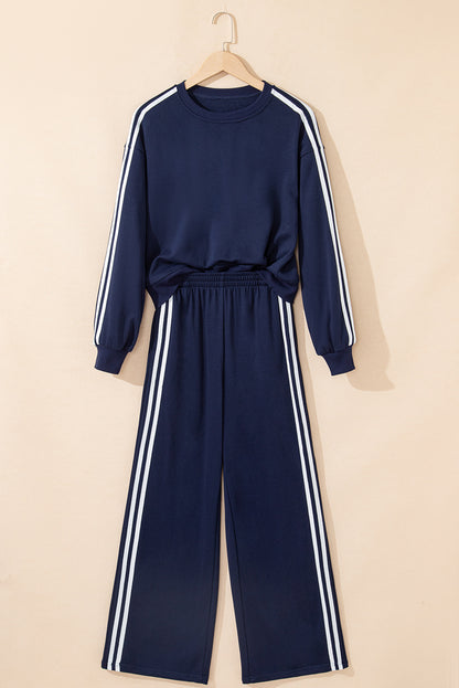 Oatmeal Varsity Striped Detail Crewneck Pullover Elastic Sweatpants 2pcs Outfit