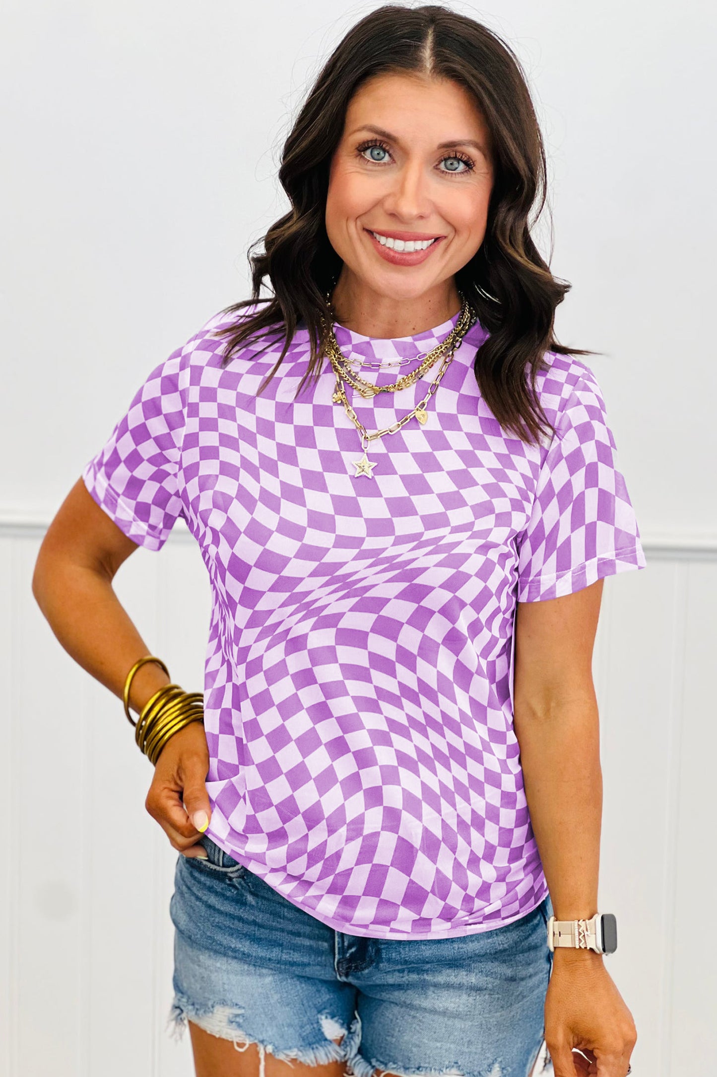 Khaki Checkered Print Mock Neck Mesh T Shirt