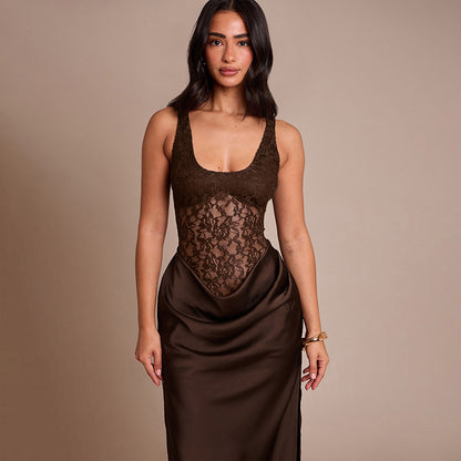 Women Clothing Autumn Winter Sexy Sleeveless Vest Lace Stitching Side Slit Dress for Women