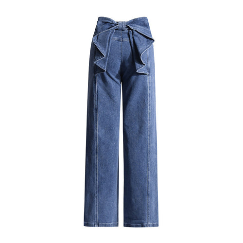 Fashionable Elegant Jeans for Women Spring Bow Stitching Design Slim Fit Slimming High Waist Straight Pants
