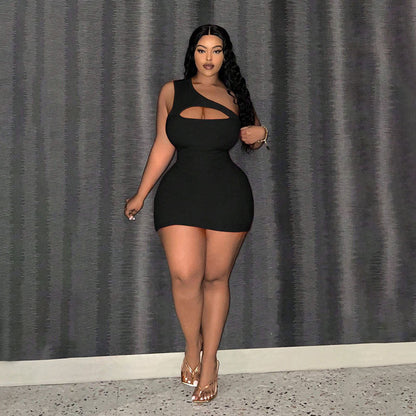 Sexy Women Clothing Diagonal Collar One Shoulder Hollow Out Cutout out Sleeveless Midi Dress Dress