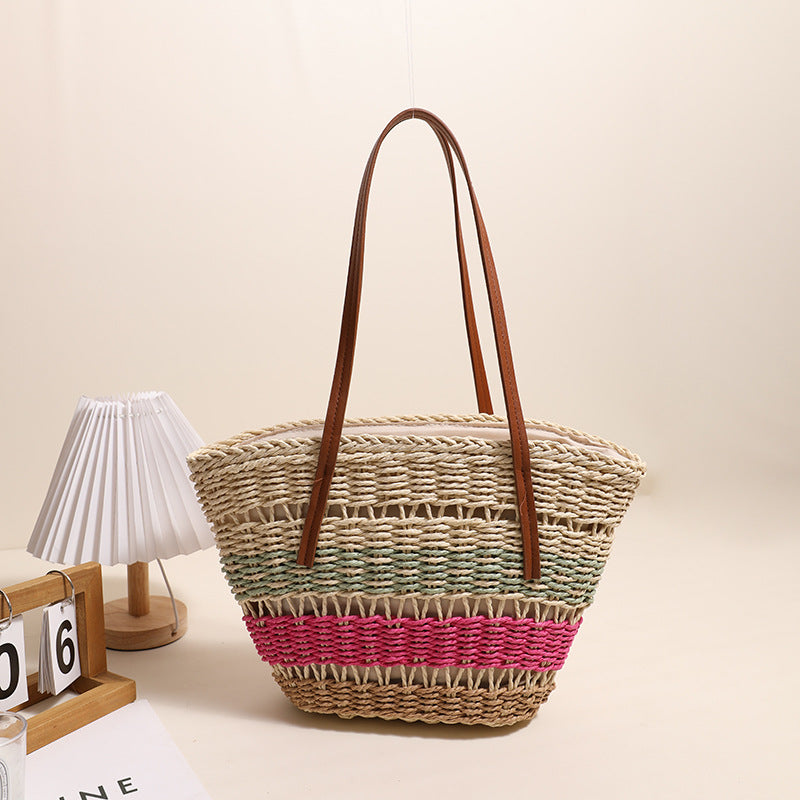Striped Woven Straw Tote