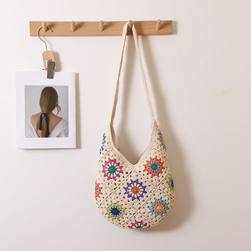 Ethnic Floral Woven Cotton & Straw Shoulder Bag