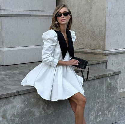 Spring Autumn French Black White Contrast Color Doll Collar Short Dress Women Elegant Pleated A line Dress