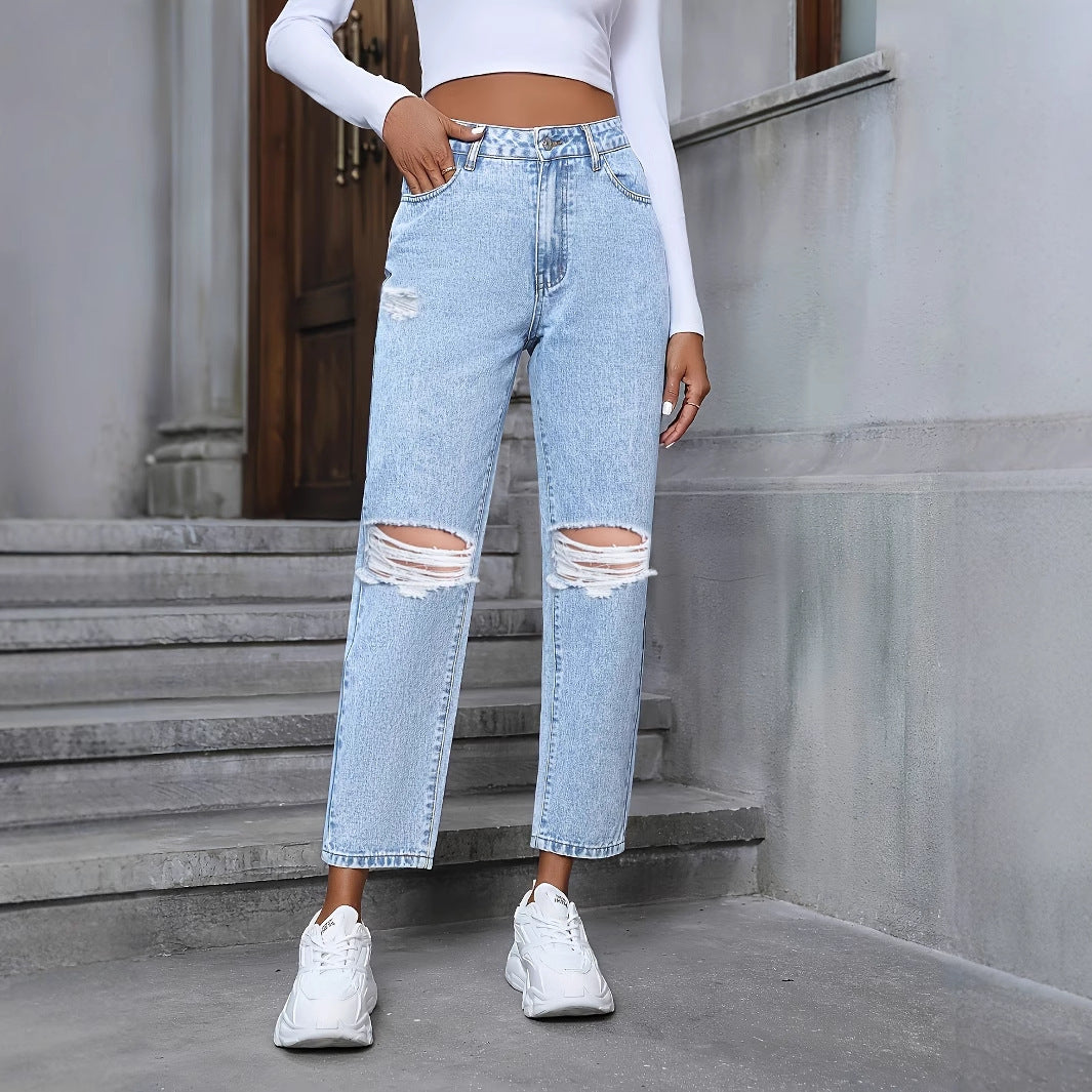 Women Clothing Casual Loose Straight Ripped Denim Trousers