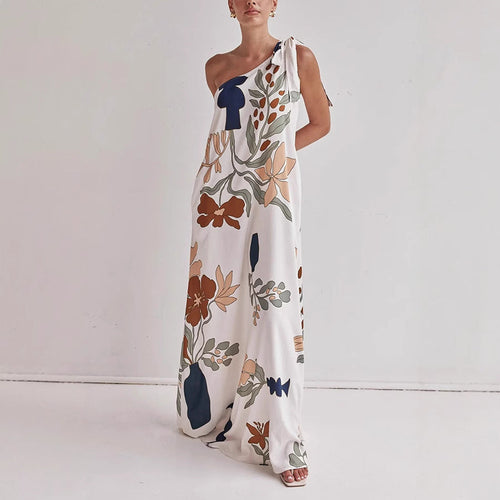 Spring Summer Oblique Shoulder Printed Pocket Dress Casual Loose Vacation Dress