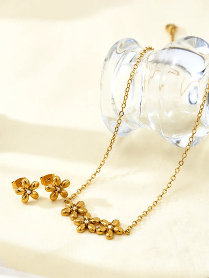 Romantic 18K Gold-Plated Stainless Steel Flower Jewelry Set
