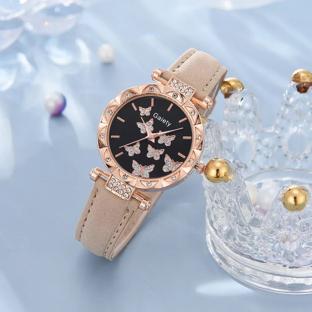 Women’s Butterfly Watch Set – Leather Strap - Box Not Included