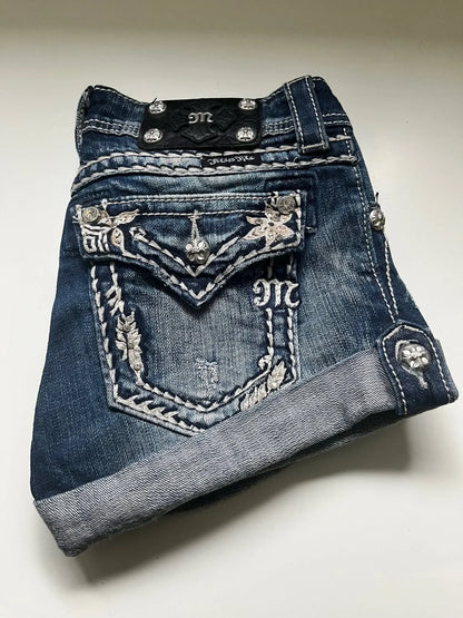 High Waist Embroidered Denim Shorts