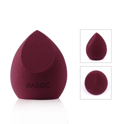 Maroon makeup sponge with 'IMAGIC' branding on a white background
