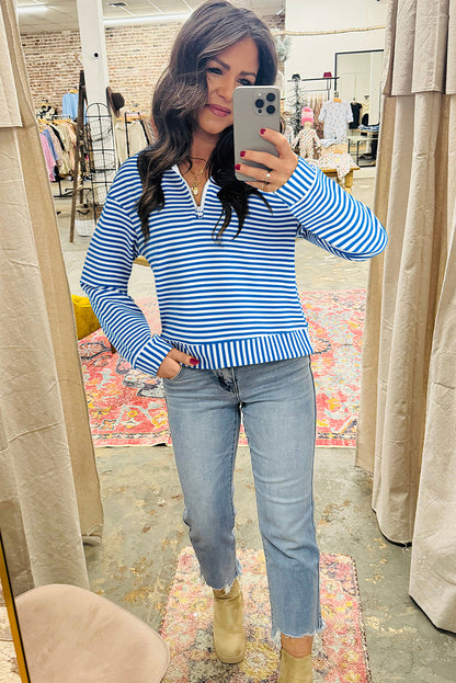 Green Stripe Quarter Zip Collar Pullover Long Sleeve Top