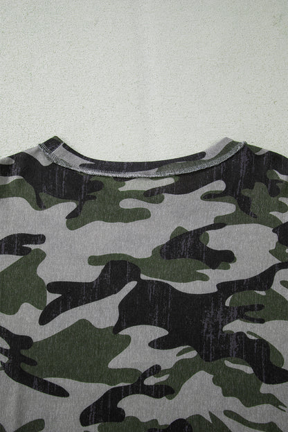 Brown Retro Camouflage Print Exposed Seam Patchwork Drop Shoulder Sweatshirt