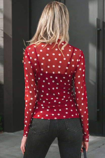 Green Polka Dot Patterned Bodycon Mock Neck Mesh Long Sleeve Top