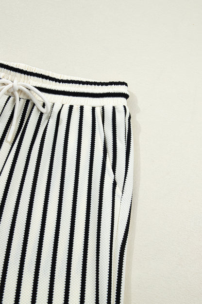 White Stripe Ruffle Trim Drop Shoulder Top Drawstring Loose Pant Set