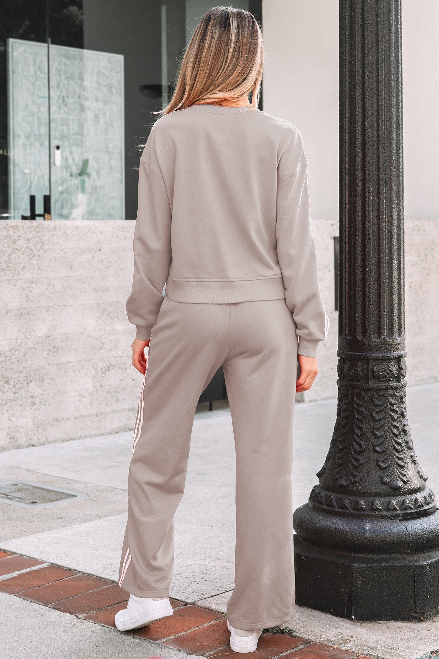 Oatmeal Varsity Striped Detail Crewneck Pullover Elastic Sweatpants 2pcs Outfit