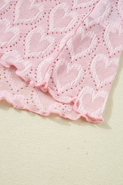 Gossamer Pink Heart Jacquard Flare Sleeve Mock Neck Fitted Top