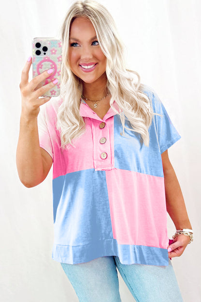 Mint Green Two Tone Half Buttons Collared T Shirt