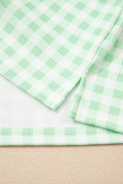 Green Gingham Long Sleeve Loose Top Drawstring Shorts 2pcs Lounge Set