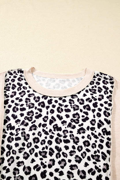 Gray Leopard Color Block Patchwork Reverse Stitch Plus Size Baggy Pullover