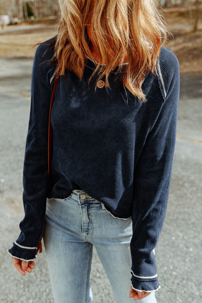 Gray Textured Round Neck Long Sleeve Top