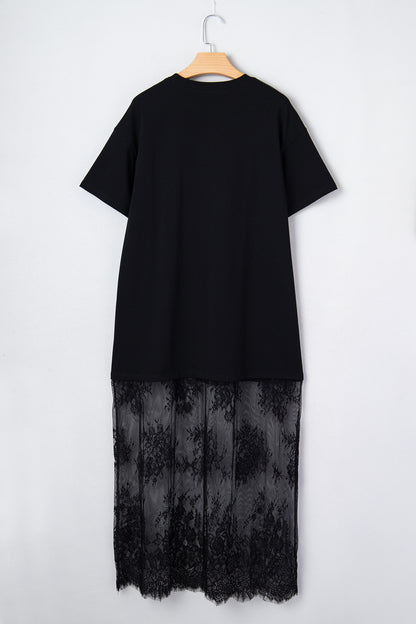 Red Sandalwood Floral Patchwork Short Sleeve T Shirt Loose Maxi Dress